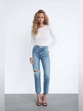 Zara Ripped Straight Jeans Blue Size 25